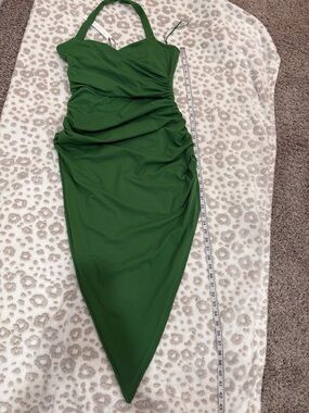 Susana Monaco Emerald Green Asymmetrical Halter Midi Dress. 

Make an Offer
